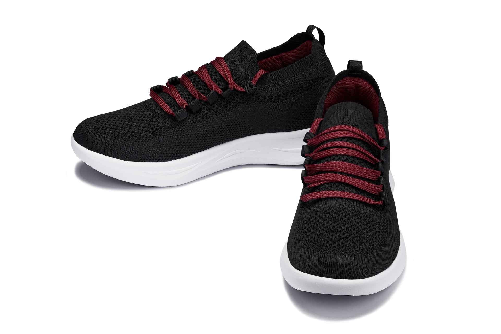 CALTO - QA064 - 2.4 Inches Taller (Black/Red/White Sole) - Lightweight Knitted Sneakers Tallmenshoes.com