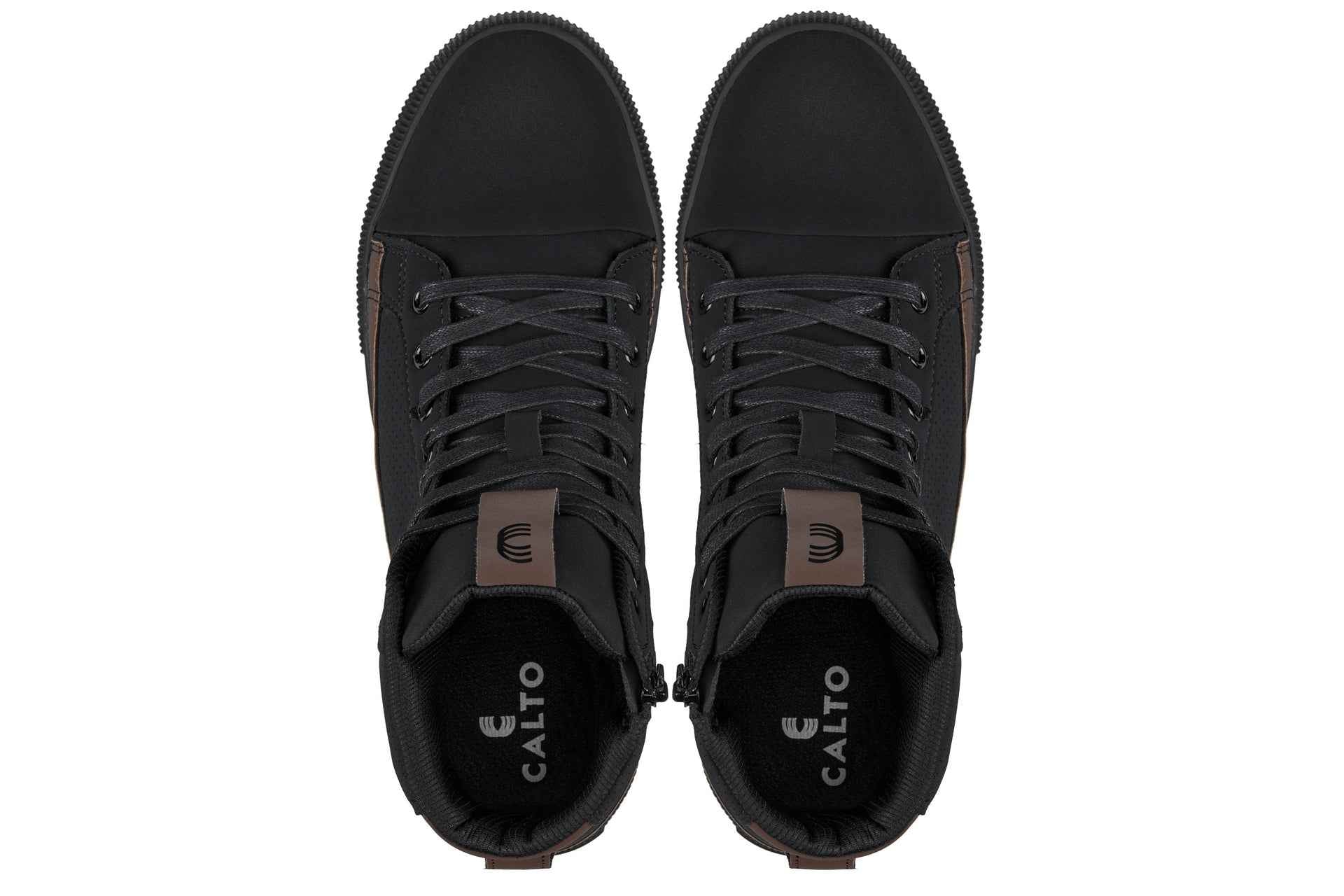 CALTO - S3422 - 2.4 Inches Taller (Black/Coffee Brown) - Cap Toe High Top Zip-Up Sneaker Boots Tallmenshoes.com