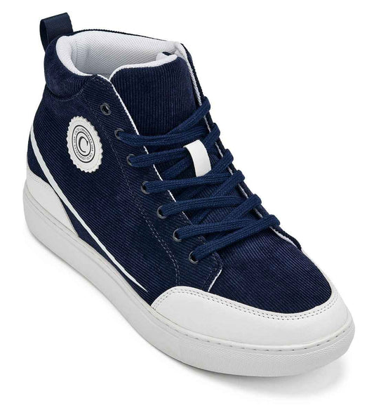 CALTO - S4132 - 2.6 Inches Taller (Navy/White Sole) - Corduroy Ankle Top Sneak-boot Tallmenshoes.com