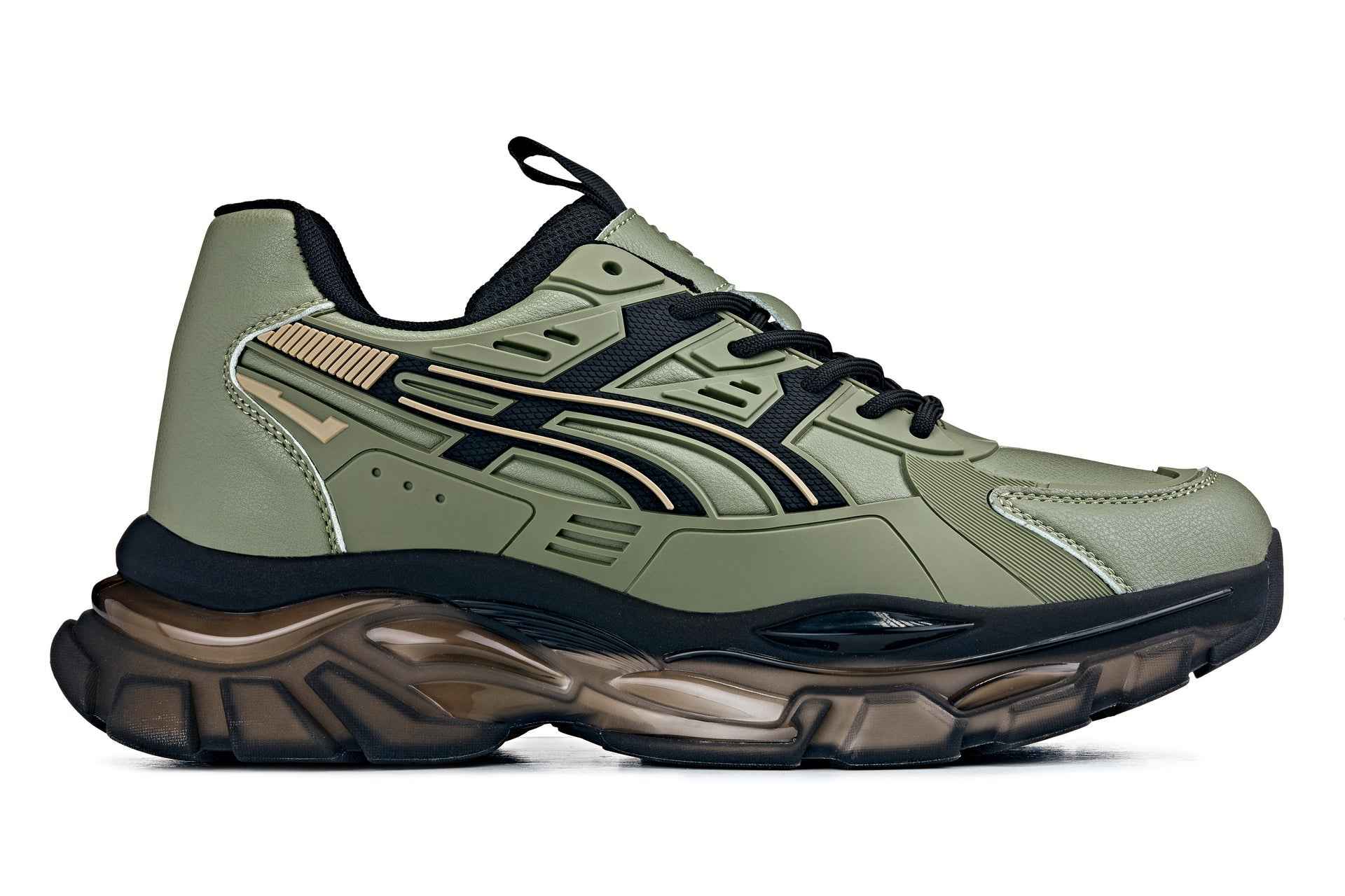CALTO - S5284 - 2.6 Inches Taller (Khaki Green/Translucent Onyx Sole) - Chunky Sole Sporty Sneakers Tallmenshoes.com