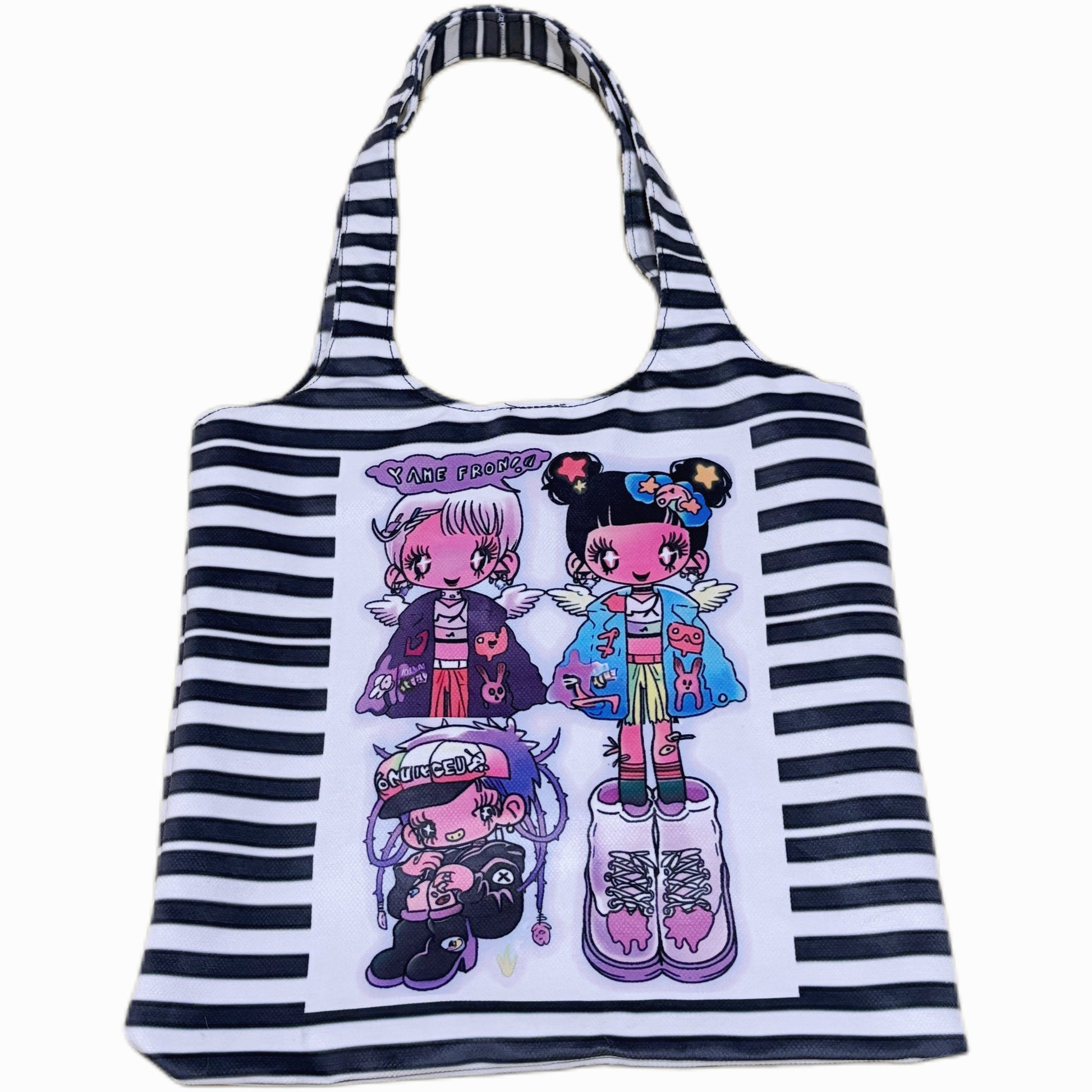 Striped Kawaii Print Canvas Tote Bag - Wolvess