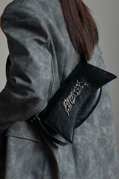 Black PU Leather Metal Logo Shoulder Bag - Wolvess