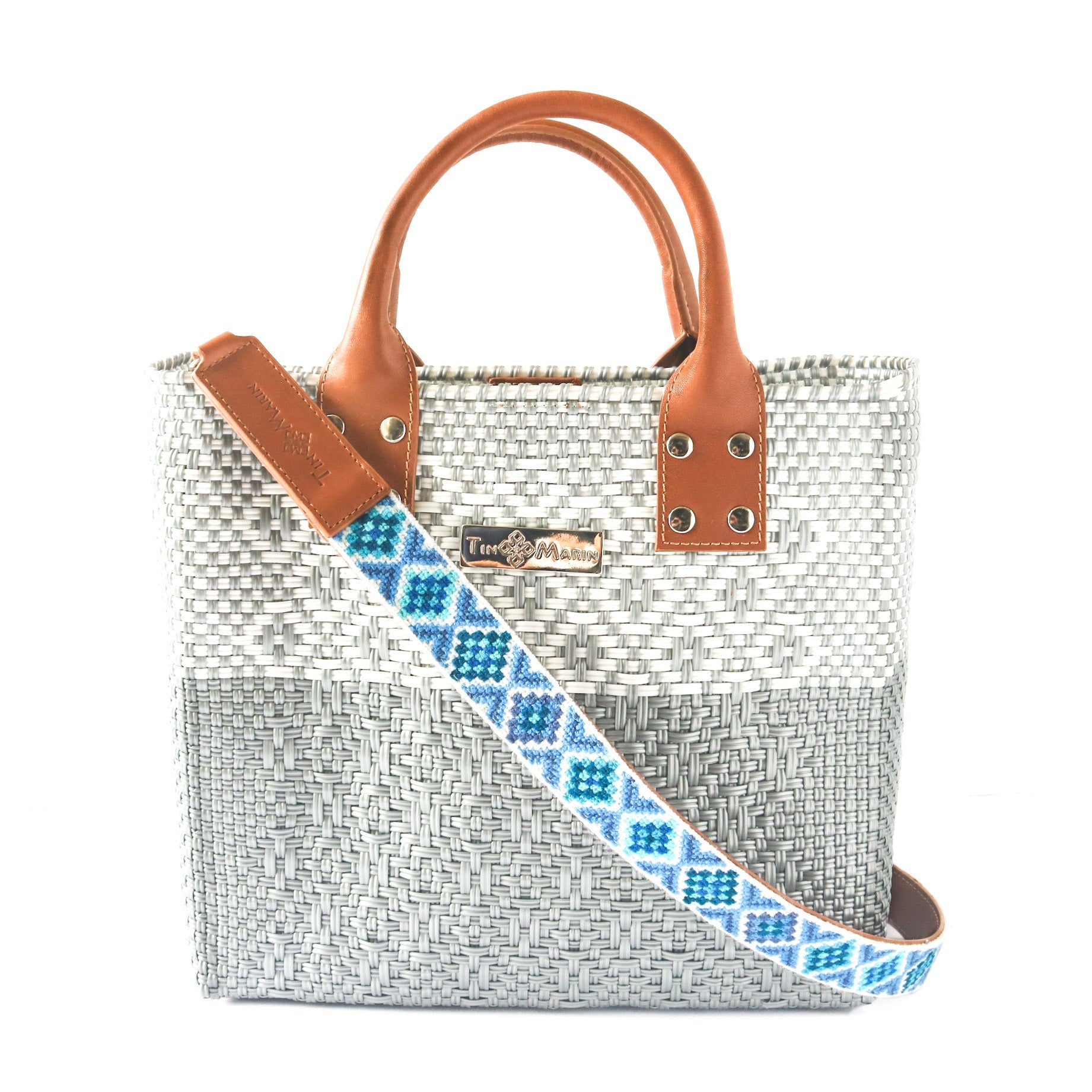 Tin Marin Grey Large Woven Crossbody Bag - Tan Leather Tin Marin Brand