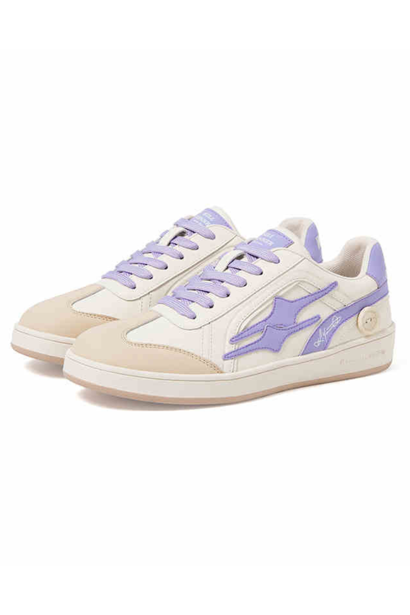 Cream Purple Leather Low-Top Court Sneakers - Wolvess