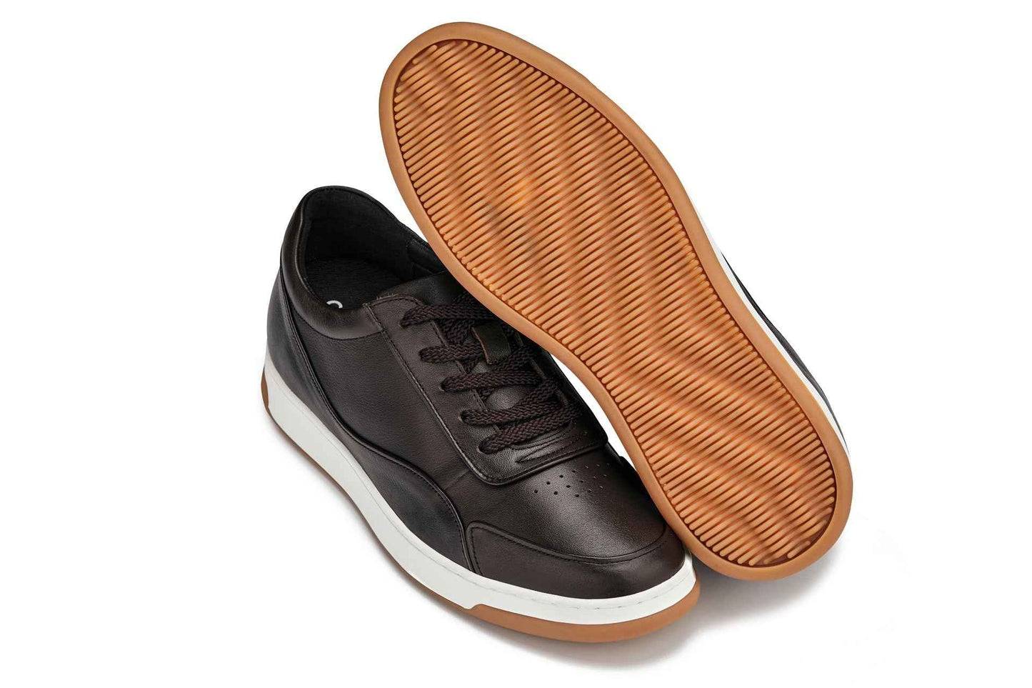CALTO - Y7887 - 2.6 Inches Taller (Deep Espresso/White & Gum Sole) - Elevated Leather Sneakers Tallmenshoes.com