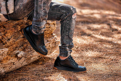 CALTO - Y7931 - 2.6 Inches Taller (Noir/Black & Gum Sole) - Elevated Leather Micro-Perforated Sneakers Tallmenshoes.com