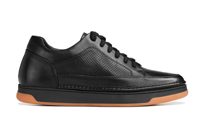 CALTO - Y7931 - 2.6 Inches Taller (Noir/Black & Gum Sole) - Elevated Leather Micro-Perforated Sneakers Tallmenshoes.com