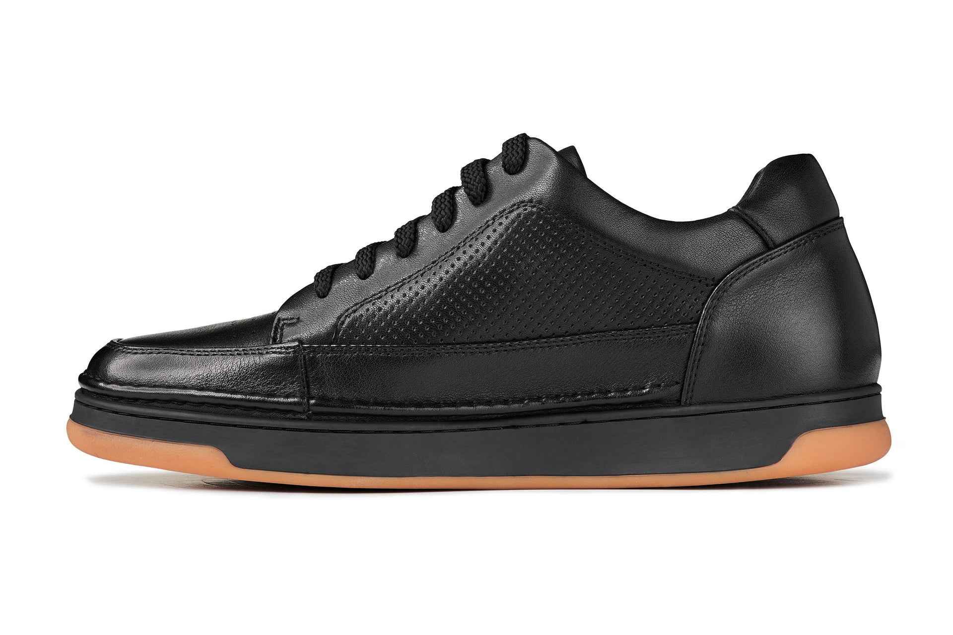CALTO - Y7931 - 2.6 Inches Taller (Noir/Black & Gum Sole) - Elevated Leather Micro-Perforated Sneakers Tallmenshoes.com
