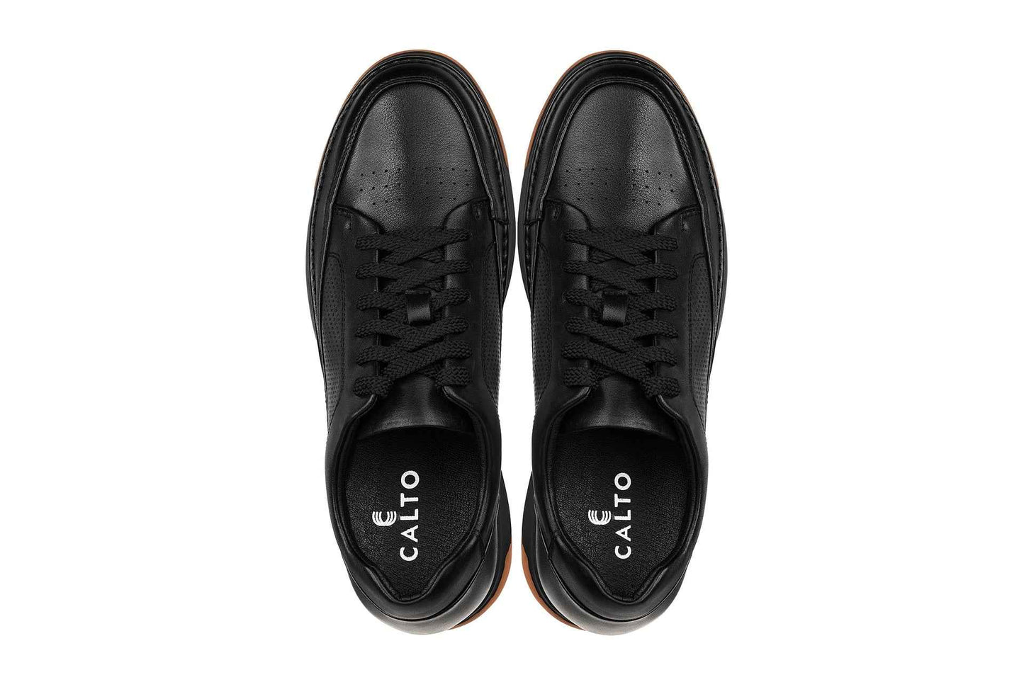 CALTO - Y7931 - 2.6 Inches Taller (Noir/Black & Gum Sole) - Elevated Leather Micro-Perforated Sneakers Tallmenshoes.com