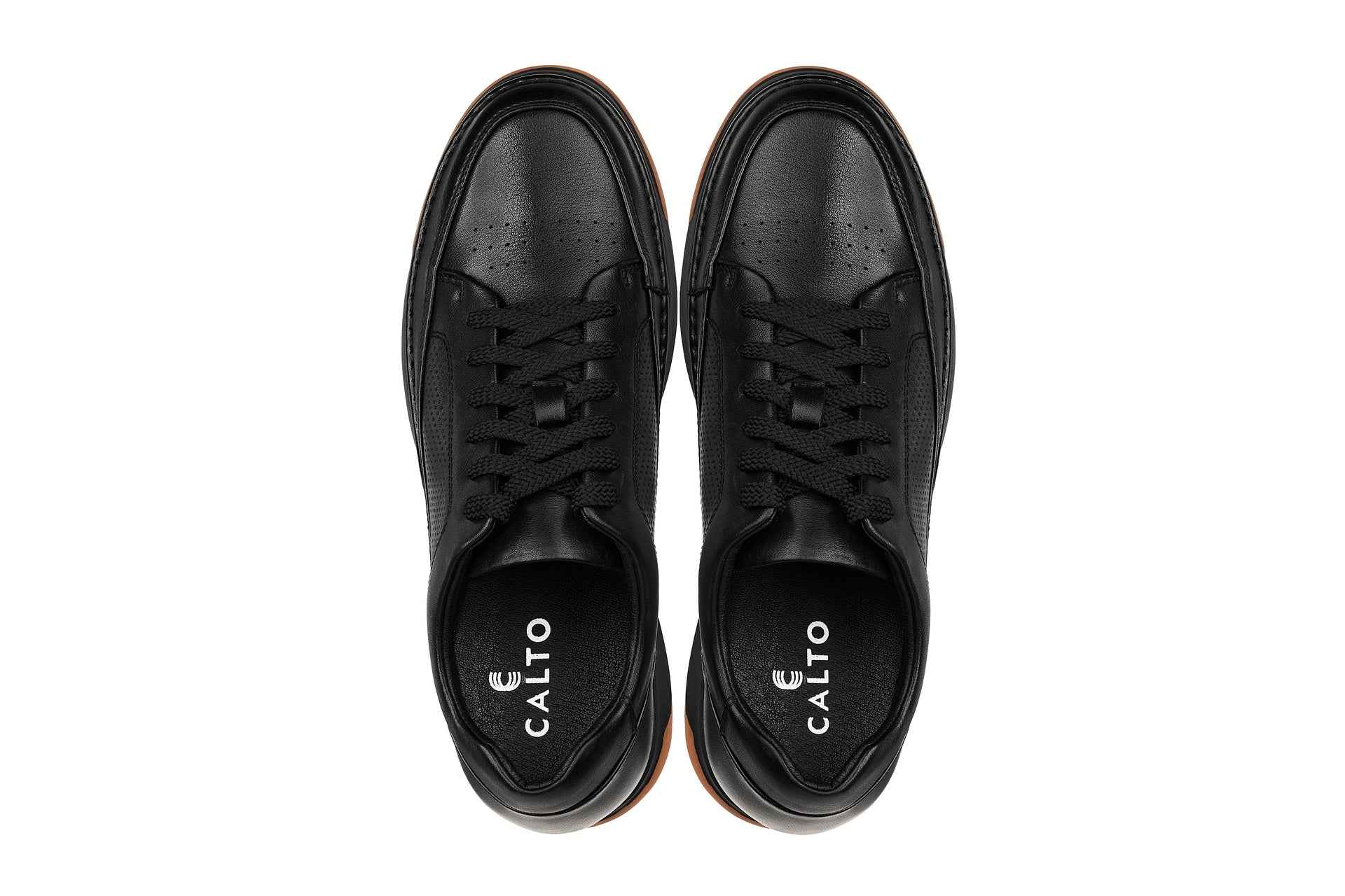 CALTO - Y7931 - 2.6 Inches Taller (Noir/Black & Gum Sole) - Elevated Leather Micro-Perforated Sneakers Tallmenshoes.com