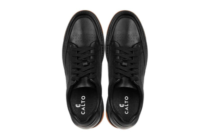 CALTO - Y7931 - 2.6 Inches Taller (Noir/Black & Gum Sole) - Elevated Leather Micro-Perforated Sneakers Tallmenshoes.com