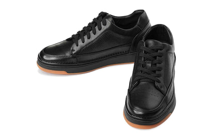 CALTO - Y7931 - 2.6 Inches Taller (Noir/Black & Gum Sole) - Elevated Leather Micro-Perforated Sneakers Tallmenshoes.com