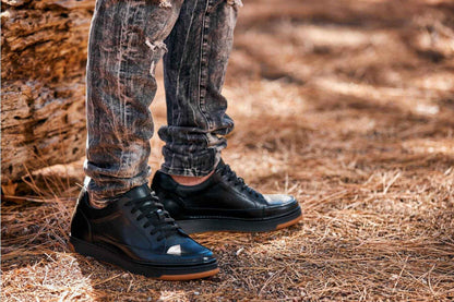 CALTO - Y7931 - 2.6 Inches Taller (Noir/Black & Gum Sole) - Elevated Leather Micro-Perforated Sneakers Tallmenshoes.com