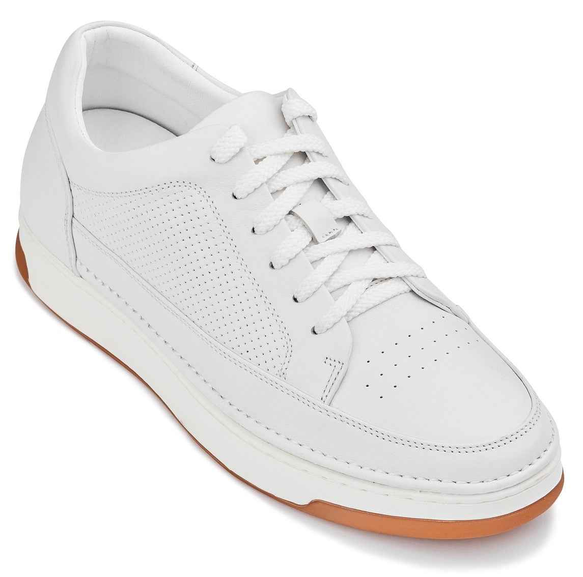 CALTO - Y7932 - 2.6 Inches Taller (White/Off-White & Gum Sole) - Elevated Micro-Perforated Leather Sneakers Tallmenshoes.com