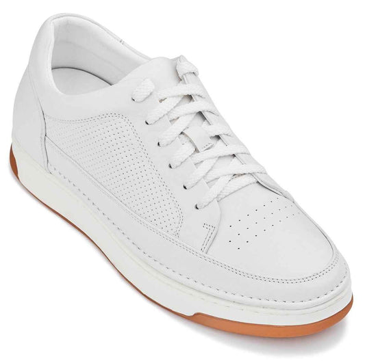 CALTO - Y7932 - 2.6 Inches Taller (White/Off-White & Gum Sole) - Elevated Micro-Perforated Leather Sneakers Tallmenshoes.com