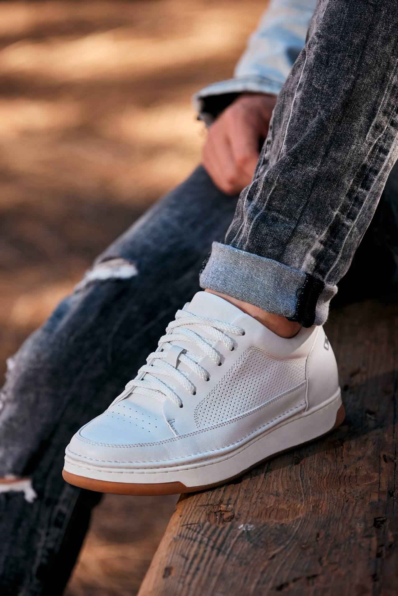 CALTO - Y7932 - 2.6 Inches Taller (White/Off-White & Gum Sole) - Elevated Micro-Perforated Leather Sneakers Tallmenshoes.com