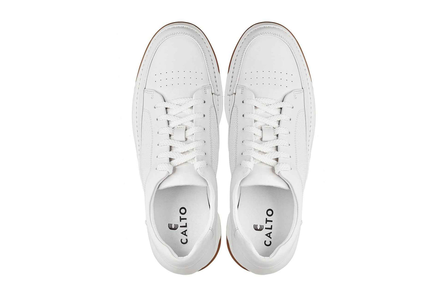 CALTO - Y7932 - 2.6 Inches Taller (White/Off-White & Gum Sole) - Elevated Micro-Perforated Leather Sneakers Tallmenshoes.com