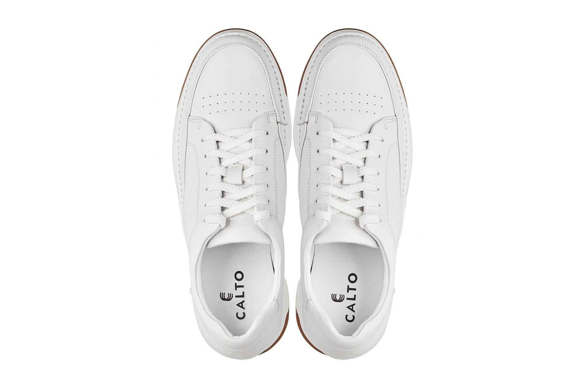 CALTO - Y7932 - 2.6 Inches Taller (White/Off-White & Gum Sole) - Elevated Micro-Perforated Leather Sneakers Tallmenshoes.com