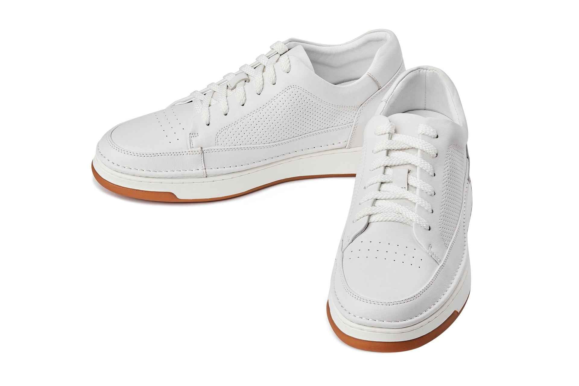 CALTO - Y7932 - 2.6 Inches Taller (White/Off-White & Gum Sole) - Elevated Micro-Perforated Leather Sneakers Tallmenshoes.com