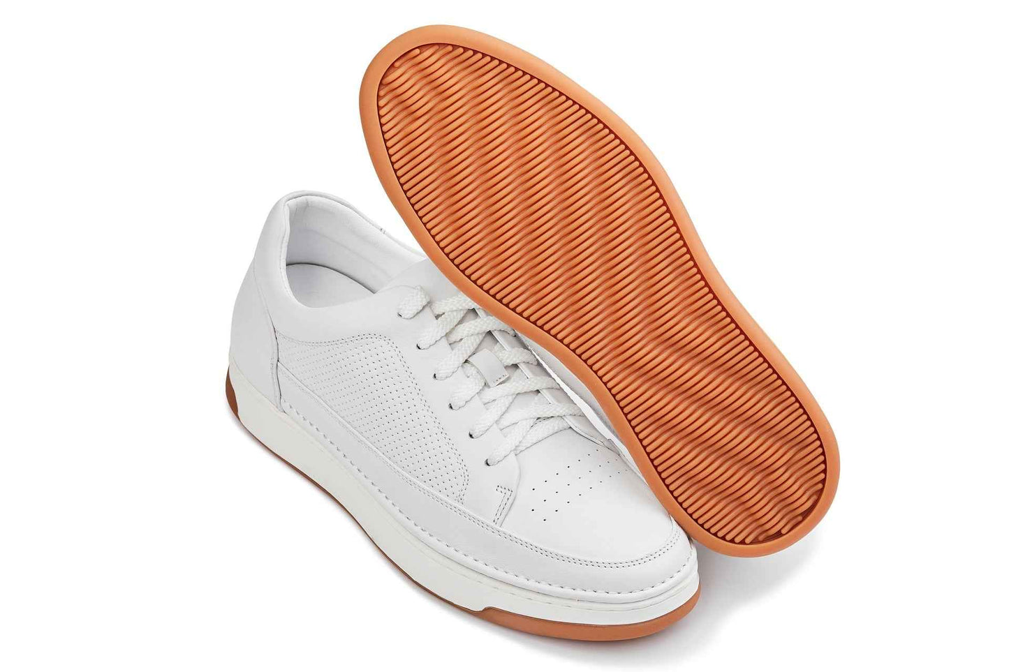 CALTO - Y7932 - 2.6 Inches Taller (White/Off-White & Gum Sole) - Elevated Micro-Perforated Leather Sneakers Tallmenshoes.com