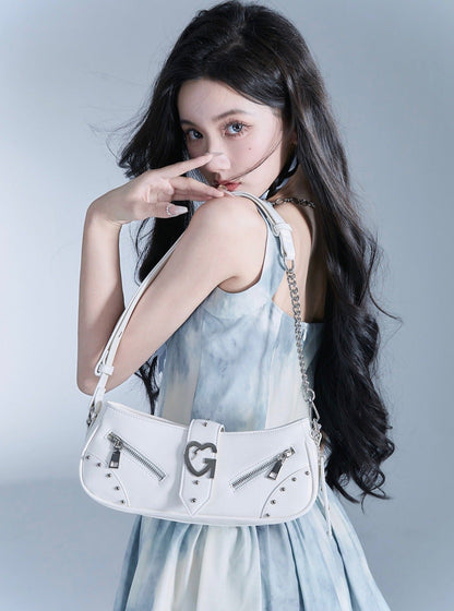 Edgy Baguette Shoulder Bag with Chain Strap - Wolvess