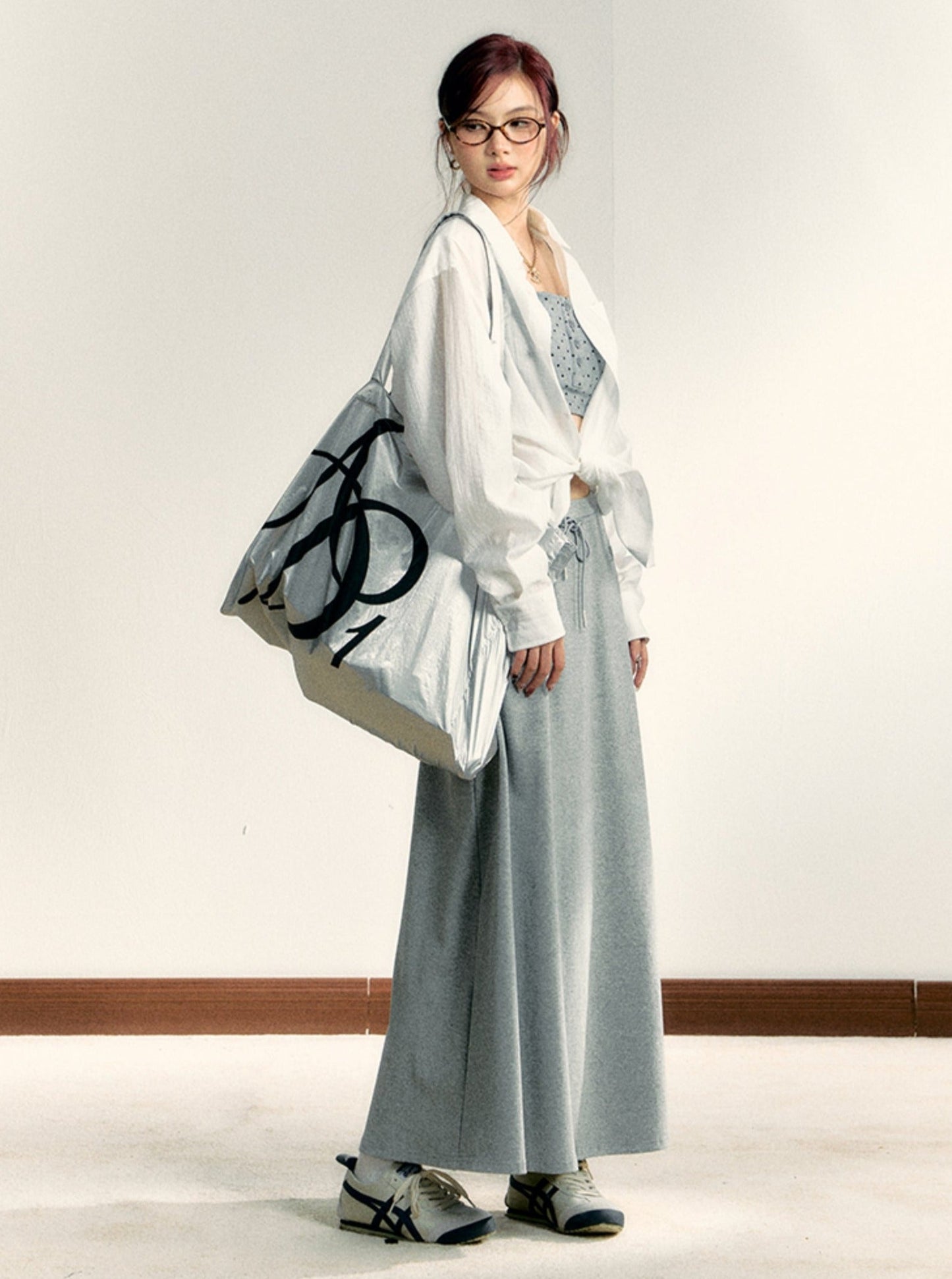 Metallic Silver Oversized Tote Bag: Large Capacity Shopper with Bold Logo Print - Wolvess