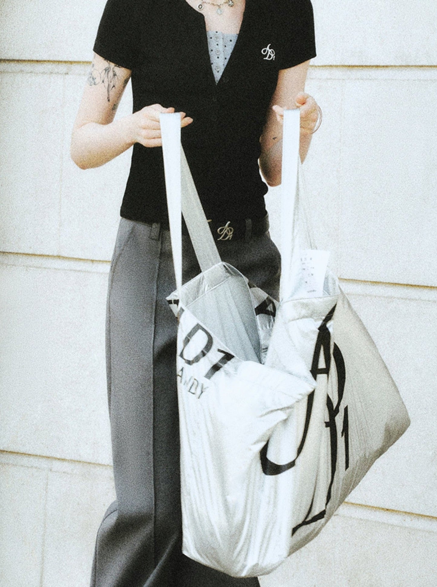 Metallic Silver Oversized Tote Bag: Large Capacity Shopper with Bold Logo Print - Wolvess