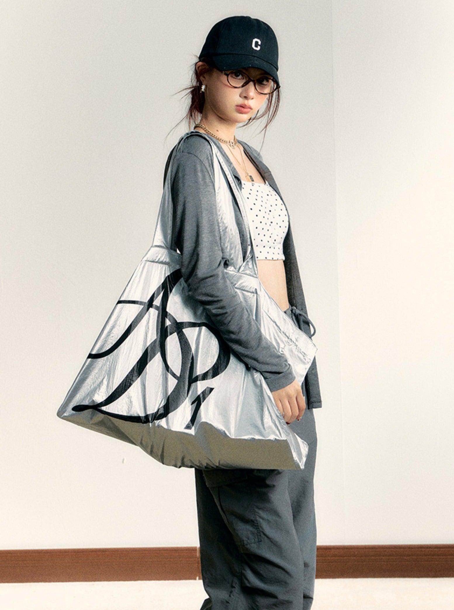 Metallic Silver Oversized Tote Bag: Large Capacity Shopper with Bold Logo Print - Wolvess