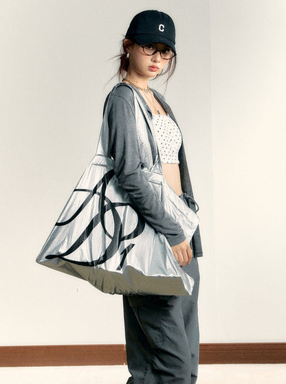 Metallic Silver Oversized Tote Bag: Large Capacity Shopper with Bold Logo Print - Wolvess