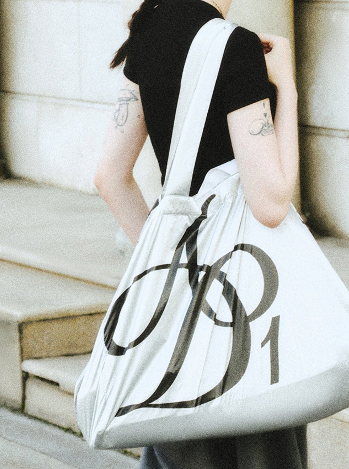 Metallic Silver Oversized Tote Bag: Large Capacity Shopper with Bold Logo Print - Wolvess