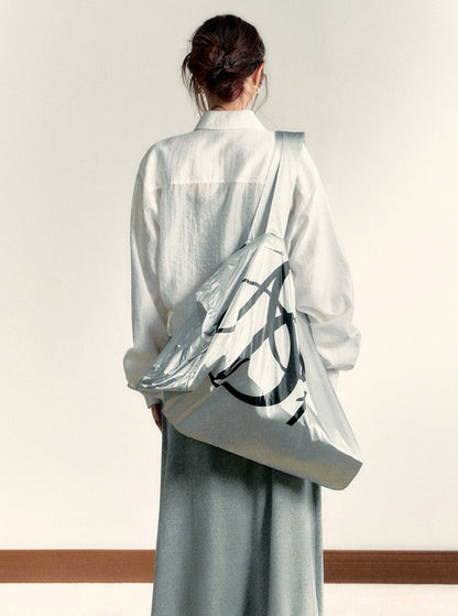 Metallic Silver Oversized Tote Bag: Large Capacity Shopper with Bold Logo Print - Wolvess