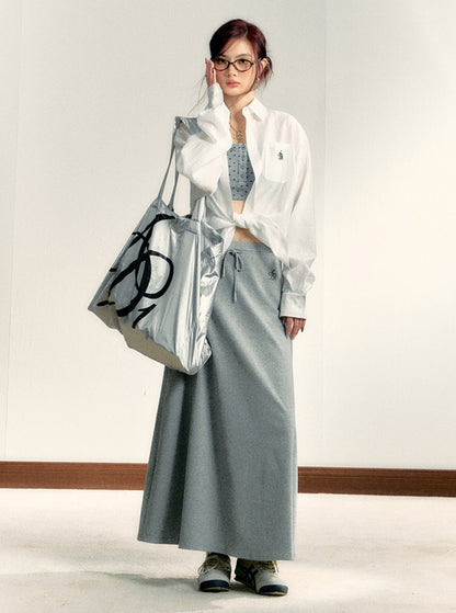 Metallic Silver Oversized Tote Bag: Large Capacity Shopper with Bold Logo Print - Wolvess