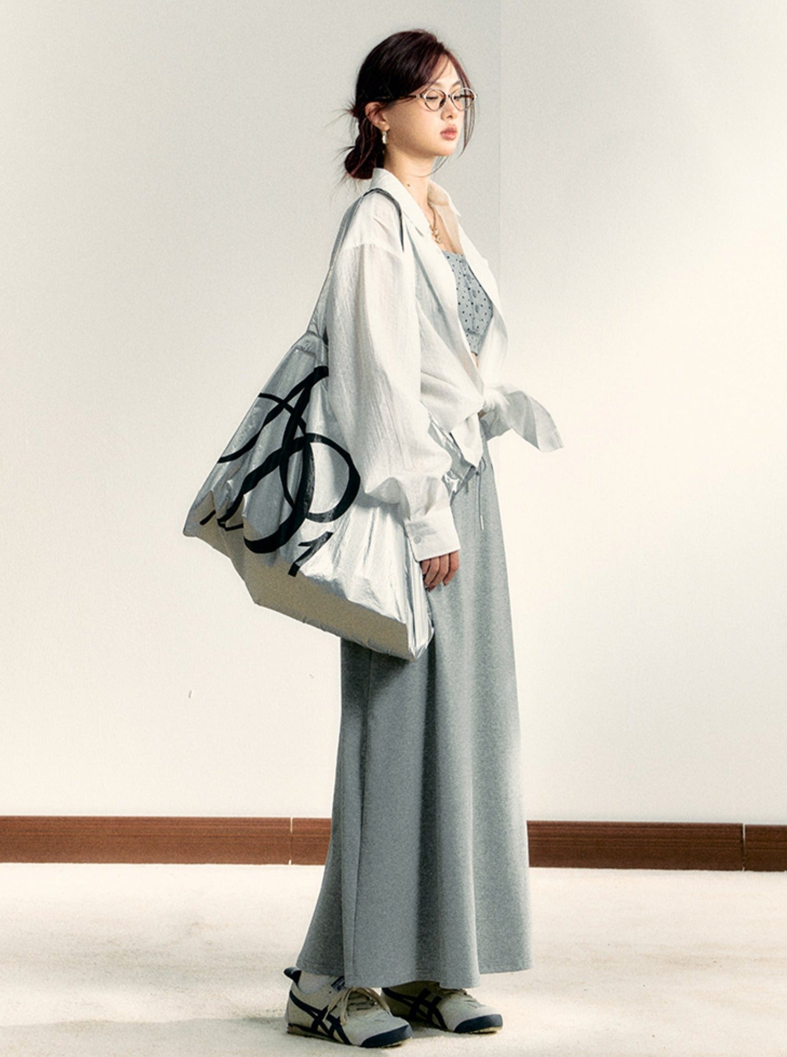 Metallic Silver Oversized Tote Bag: Large Capacity Shopper with Bold Logo Print - Wolvess