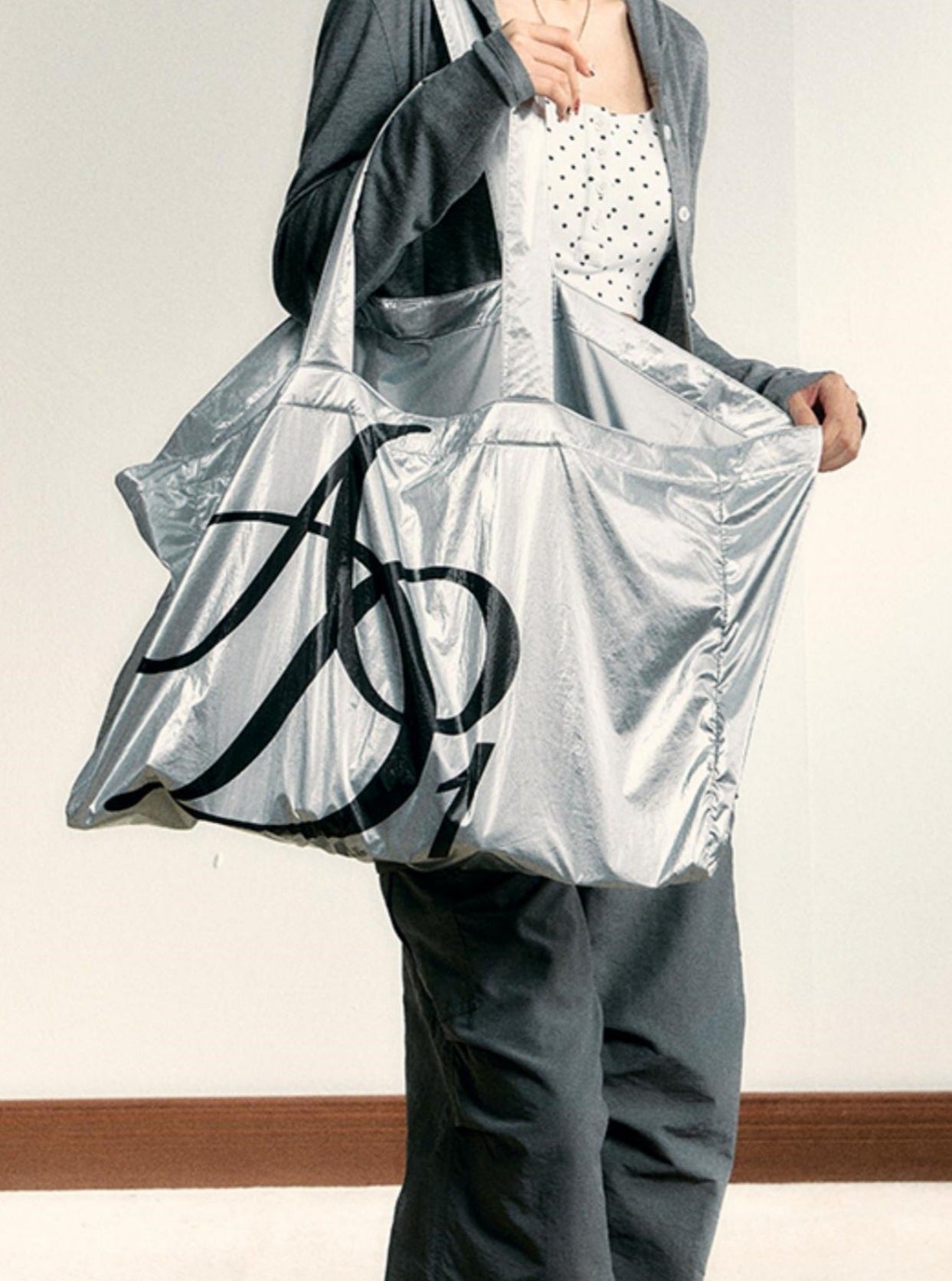 Metallic Silver Oversized Tote Bag: Large Capacity Shopper with Bold Logo Print - Wolvess