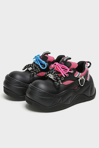Black Pink Mesh Platform Chunky Sneakers - Wolvess