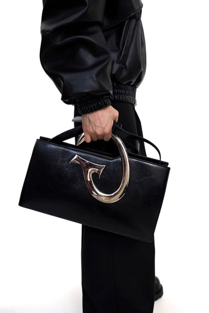 Avant-Garde Metal Handle Shoulder Bag - Sleek Black Designer Tote - Wolvess