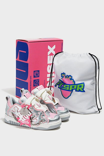 Silver Pink Chain Detail Platform Sneakers - Wolvess