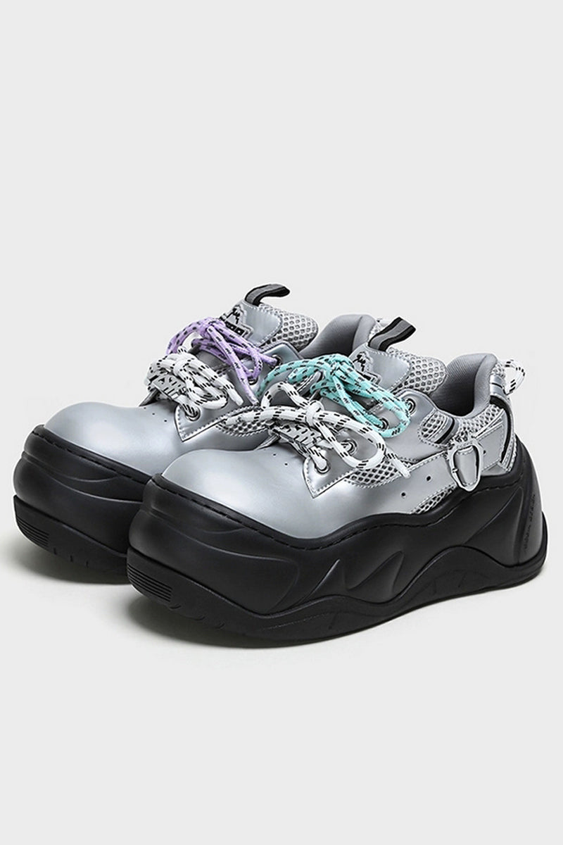 Silver Mesh Platform Wave Buckle Sneakers - Wolvess