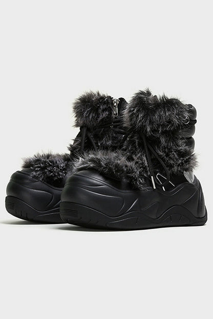 Black Furry Platform Winter Moon Boots - Wolvess