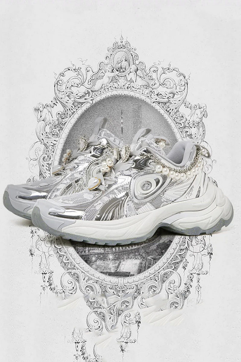 Pearl Decorated Metallic Chunky Sneakers Silver White - Wolvess