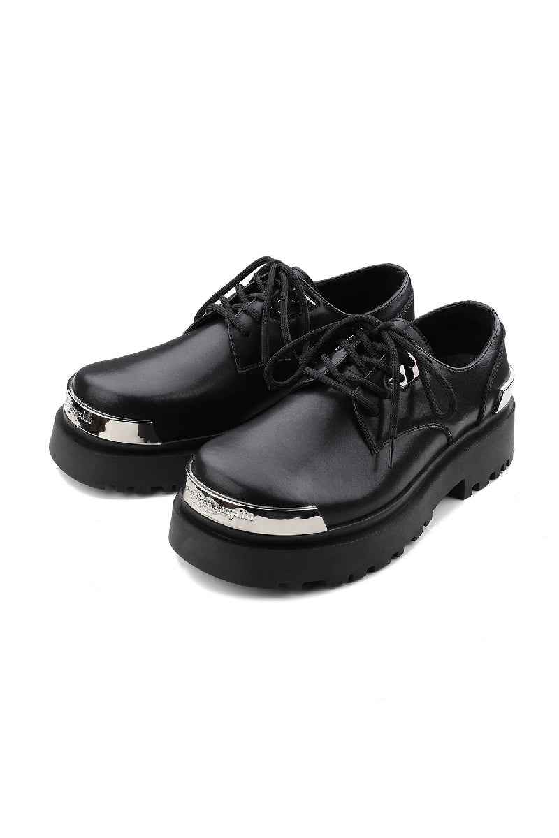 Black Platform Derby Shoes with Silver Metal Toe Cap