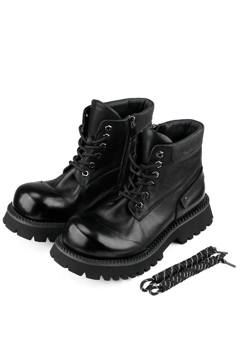 Black Leather Platform Combat Boots - Wolvess