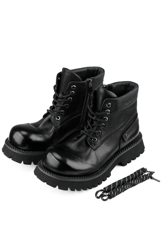 Black Leather Platform Combat Boots - Wolvess