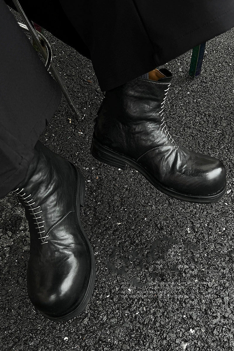 Black Leather Lace-Up Combat Boots - Wolvess