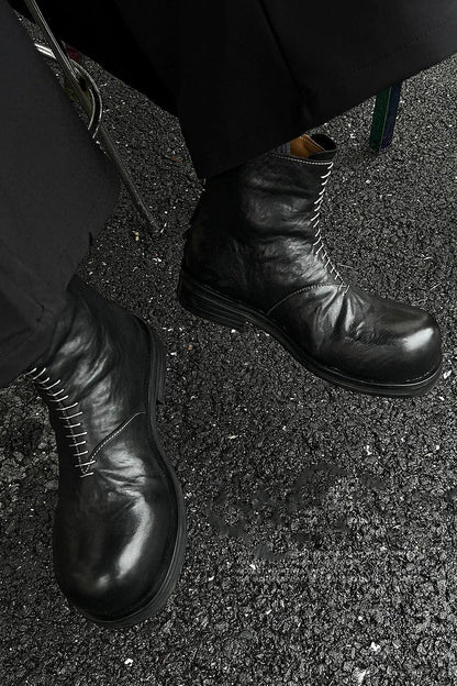 Black Leather Lace-Up Combat Boots - Wolvess