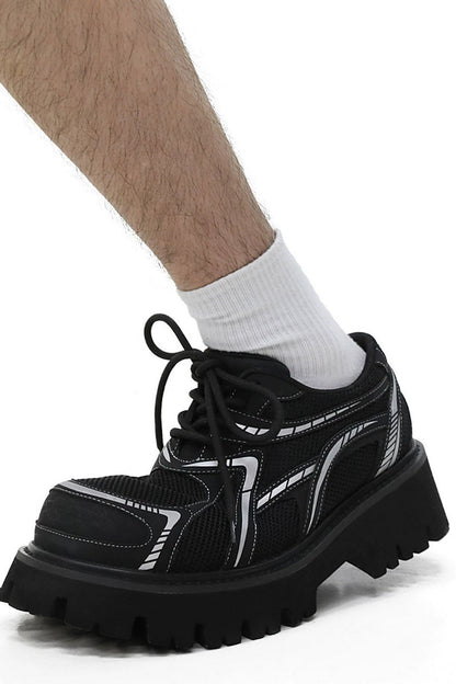 Black Mesh Platform Sneakers with White Accents - Wolvess