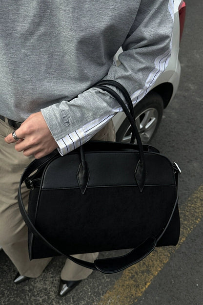 Luxe Patchwork Suede Tote - Black Elegant Handbag with Dual Handles - Wolvess