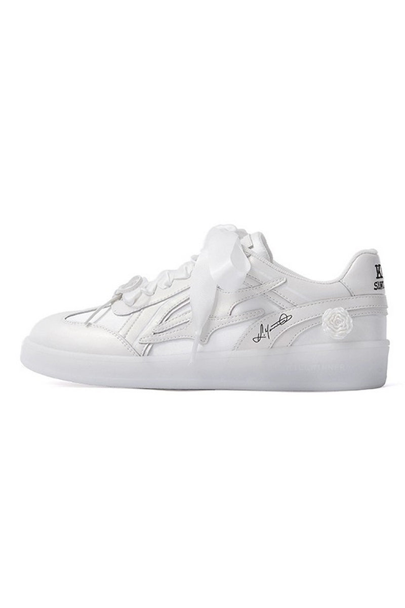 All White Low-Top Sneakers with Satin Laces - Wolvess