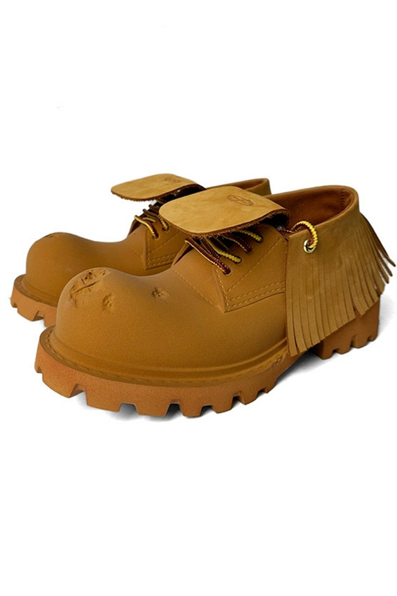 Tan Leather Platform Derby Shoes with Fringe Detail and Lug Sole - Wolvess