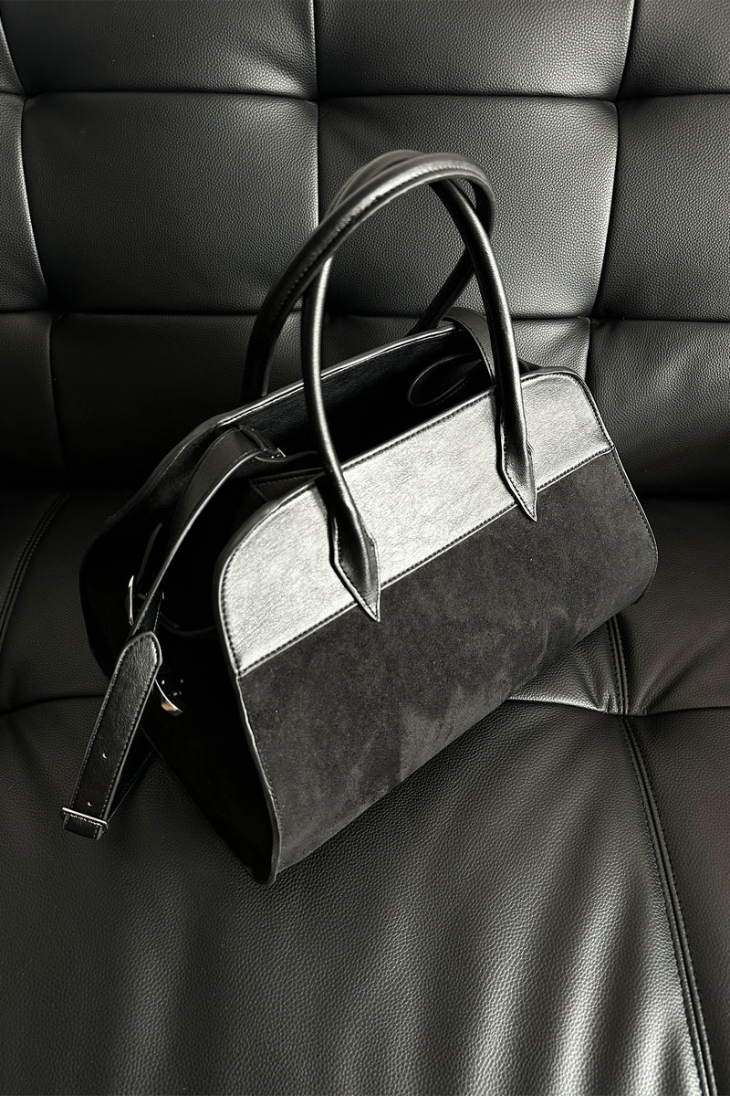 Luxe Patchwork Suede Tote - Black Elegant Handbag with Dual Handles - Wolvess